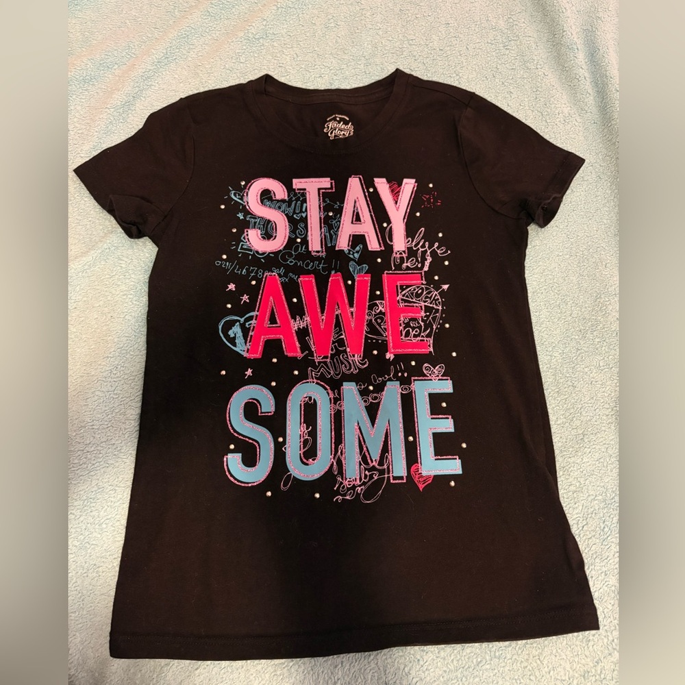 Faded Glory Girls Size 7-8 Stay Awesome Short Sleeve Black T-Shirt